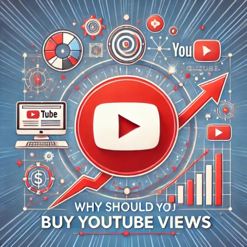 Why Should You Buy YouTube Views a red and white logo with arrows and graphics